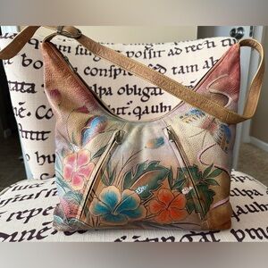 Anuschka Painted Floral Butterfly Black and Tan Hobo Bag Shoulder Purse
